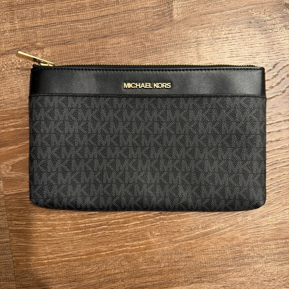 Michael Kors Black Logo Leather Clutch Zip Pouch Gold Hardware